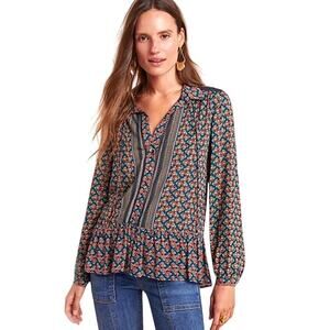 Maeve Janie Printed Peasant Blouse Long Sleeves Ruffle Hem Size 4